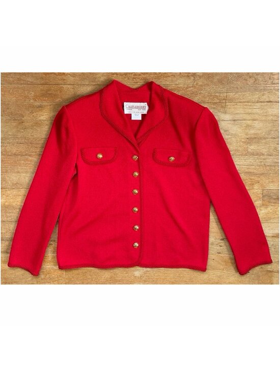 Castleberry Jackets & Blazers - Vintage Red Knit Blazer Jacket Size Large Castleberry Gold Button Sweater Blazer